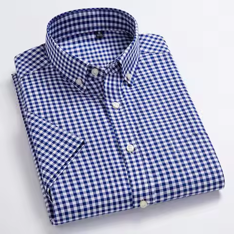 High Quality Men's Oxford Casual Shirts Leisure Design Plaid Men's Social Shirts 100% Cotton Short S