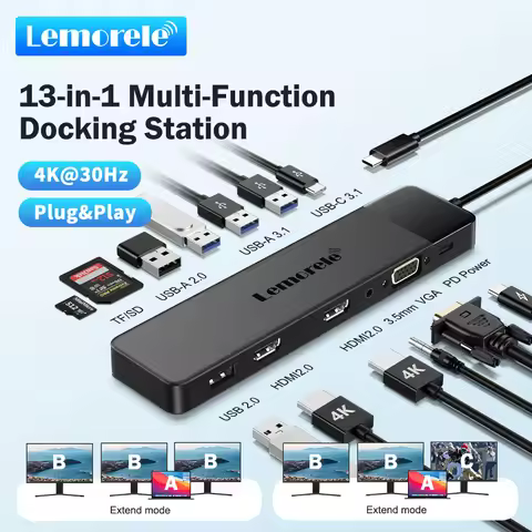 Lemorele 13Ports USB Hub Type C Hub USB Docking Station Dual HDMI 4K30Hz VGA USB3.0 Adapter for Macb