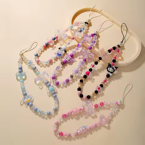 Sanrio Kuromi Phone Chain Cartoon Hello Kitty Melody Phone Strap Beaded Backpack Keychain Pendant Fo