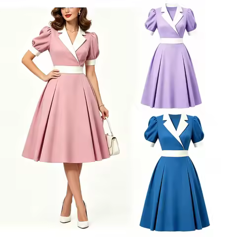 Women Vintage Lavender Dress Puff Sleeve High Waist Work Party Dress Elegant Audrey Hepburn Style 19