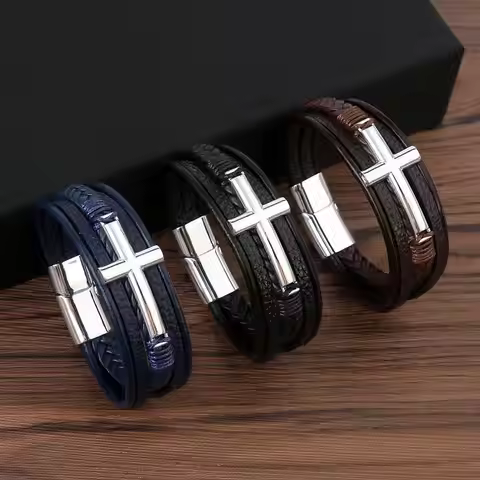 Multicolor Cross Design Classic Metal Clasp Men's Leather Bracelet 19/21/23cm Choose Handsome Christ
