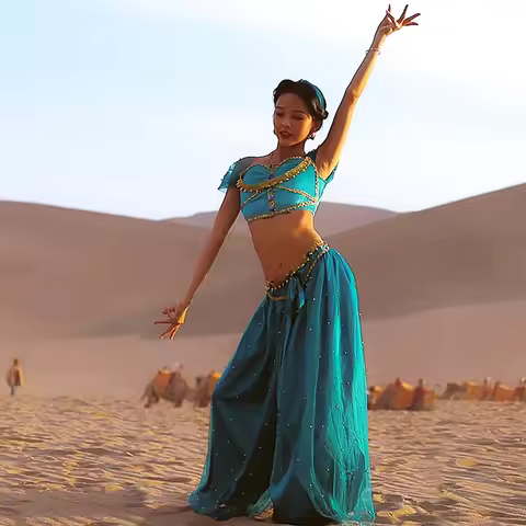 Halloween Festival Arabian Cosplay Princess Jasmine Costume Belly Dance Indian Bollywood Veil Top Pa