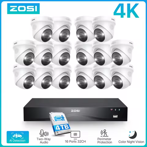 ZOSI 4K 8MP PoE Security Camera System 16 Port 32CH Dual-Disk NVR 4TB AI Detection Audio CCTV Survei