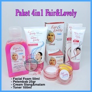 Paket 5 in 1 Fair And Lovely - Cream Siang Malam - Pelembab - Facial Foam 50gr -Bedak Fair &amp; Lovely Plus Serum Vitamin C Orange Original BPOM