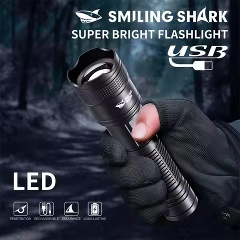 Smiling Shark LED Flashlight 3Mode Type-c Rechargeable Super Bright Waterproof Outdoor Camping Home 