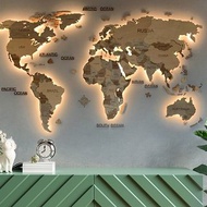 3D wood world map in natural shades Sustainable wall decor with LED