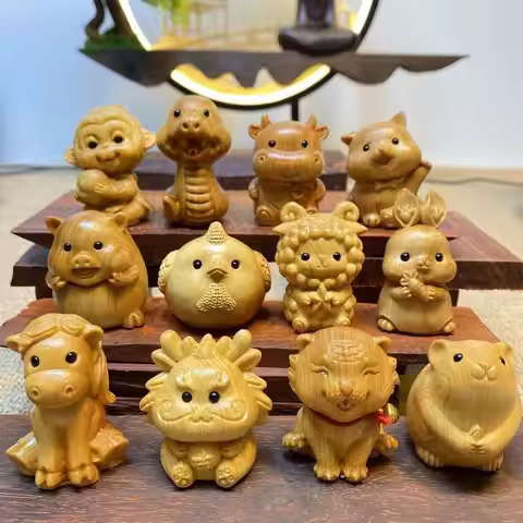 Twelve Zodiac Wood Carving Twelve Zodiac Wooden Zodiac Cute Wood Carving Miniature Ornaments Small A