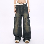 Voguo Relay Vintage Washed Workwear เดนิม กางเกง Multi-Pocket Wide Leg Long กางเกงขายาว อินเทรนด์ Yo
