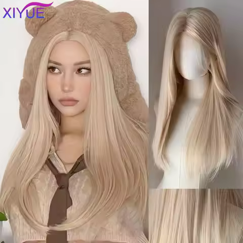 XIYUE Blonde Platinum Golden Synthetic Wigs Lace Frontal Wig With Bang Long Natural Straight Hair Wi