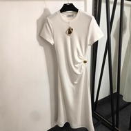 I5R3 Loe '''2025 Summer Dopamine logo Button Pleated Narrow Waist Short Sleeve Dress