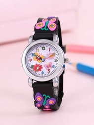 1入組兒童黑色塑料錶帶時尚蝴蝶裝飾圓形錶盤石英手錶適合日常裝飾