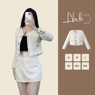 Women's short tweed evening gown with round neck and cream buttons, women's short crop top big size 