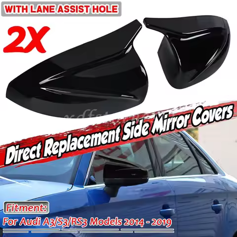 2Pcs Clip-on Black Plastic Side Mirror Covers Caps with Lane Assist 8V0857527E 8V0857528E Fit for Au