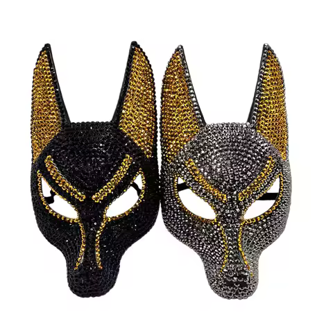 Sparkling Rhinestone Anubis Mask Egyptian God of Death Masquerade Mask for Halloween Costume Props P