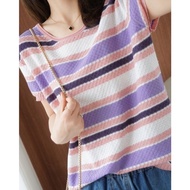 SK3035 -M'SIA Ready Stock Knitted Material Women Top 棉麻条纹短袖女亚麻撞色彩条半袖T恤