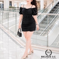 Big size ML816 poly elastic 2-skin dress, slim waist, off-the-shoulder neck, puff sleeves for women,