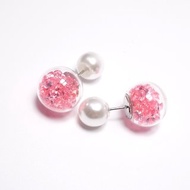 A Handmade 粉紅色水晶玻璃球配珍珠前後耳釘