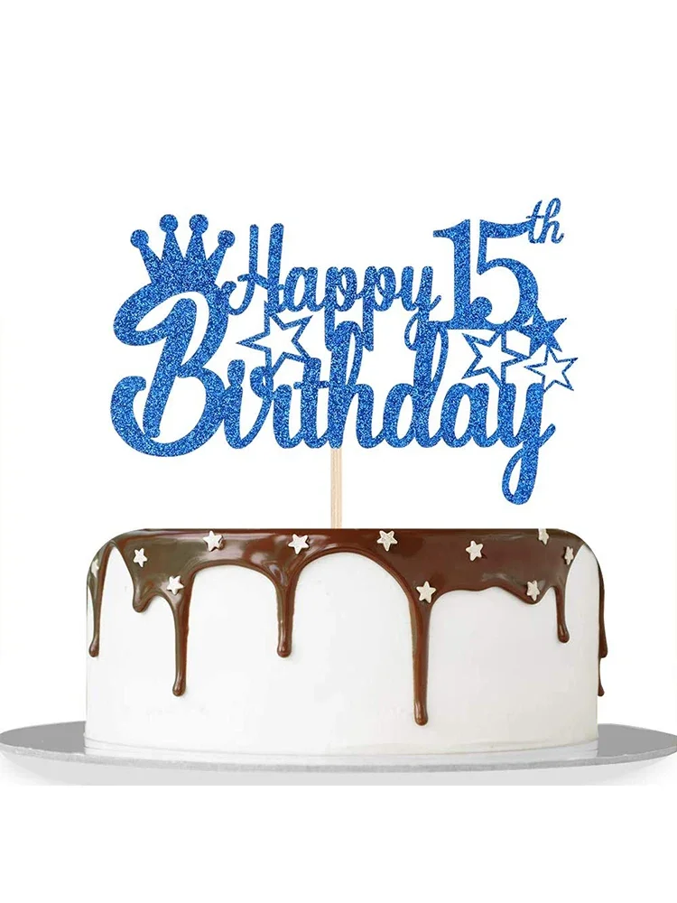 Royal Blue Glitter Paper Happy 10th 15th 18th Birthday Cake Topper for Men Boy 20th 40th 70th Birthd
