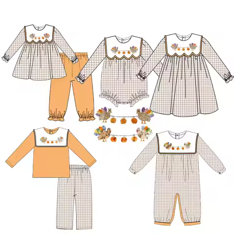 Autumn Thanksgiving Kids Bubble Romper Boutique Clothing Turkey applique Sibling Matching Outfits