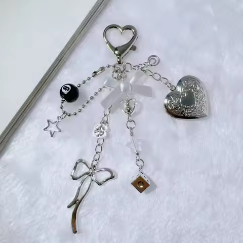 New Bow 8 Ball Star Pendant Heart Locket Keychain Y2k Multifunctional Photo Key Chain Creative Prett