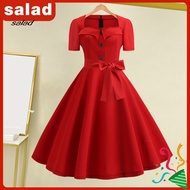 [SA] Women's Retro Dot Midi Dress - Vintage 1950s Style with Big Hem, Belt & Square Neck - A-line De