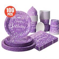 100/25/10pcs Purple Crystal Crown Happy Birthday Disposable Plates Napkins Cups, Disposable Party Su