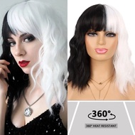 Black and White Wig for Cruella Deville Costume Short Curly Wavy Women's Wig For Halloween Cosplay P