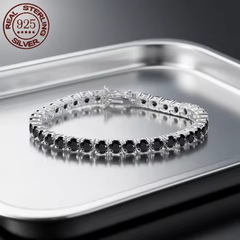 100% Real S925 Sterling Silver Plated 18K Gold 5A Grade Zircon Black Tennis Bracelet for Men and Wom