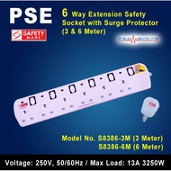 PSE 6 Way Extension Safety Socket with Surge Protector & Singapore Safety Mark (3 & 6 Meters)