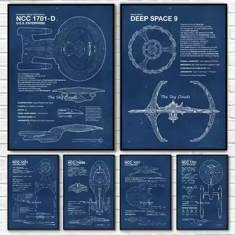 Spaceship Blueprint Star Trek Poster Self-adhesive Art Waterproof Paper Sticker Coffee House Bar Roo