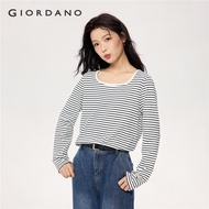 GIORDANO Women T-Shirts 100% Cotton Contrasting Square Neck Tee Long Sleeve Stripe Simple Fashion Ca