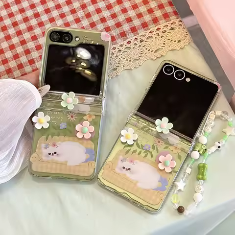 3D Flower Cute Cat Star Wrist Strap Phone Case for Samsung Galaxy Z Flip 7 FE 6 5 4 3 Flip7 Flip6 Hi