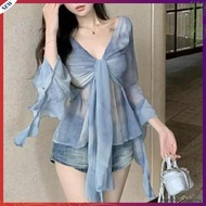 (Fashion_3)  Glamorous Blouse Tie Dye Contrast Mesh Front Frill Blouse for Women L106AD939