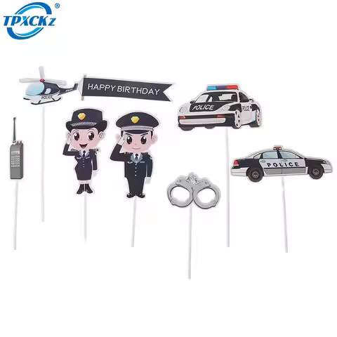 7Pcs/lot Police Cake Toppers Policeman Plane Handcuffs Call Machine Decoration Happy Birthday Party 