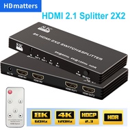 HDMI Switcher Splitter 8K 60Hz 2X2 HDMI 2.1 Switch 4K120Hz 2 in 2 out Video HDCP 2.3 HDR Supports Button Remote Control
