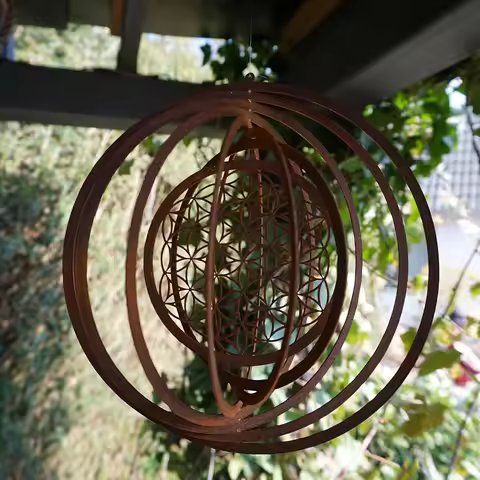 3D Flower of Life Rust Metal Wind Spinner, Hanging Rotating Garden Wind Ornament