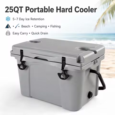 25QT Portable Cooler Insulated Hard Ice Chest 5 to 7 Day Ice Retention with Bottle Opener Cup Holder