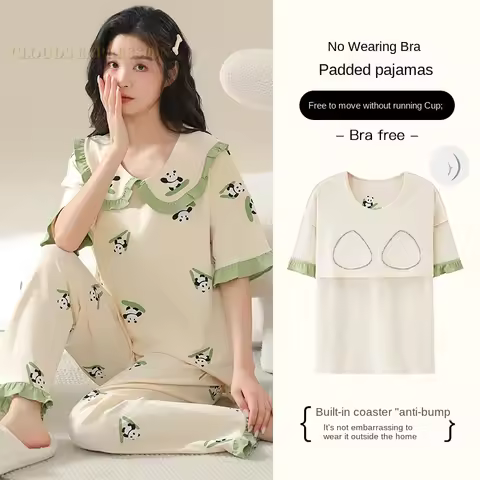 Summer 5XL Pajama Sets Bust-Padded Cartoon Bear Knitted Pjs Polka Dots Sleepwear Elegant Womens Paja