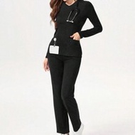 Solid Color V-Neck Long Sleeve Pocket Minimalist Top And Pants Scrub Uniform Set Knitted Scrub Set N