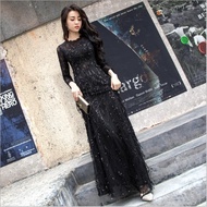 Black Lace Embroidery Long Dress  Baju Kurung Moden Dinner Annual Party Dresses