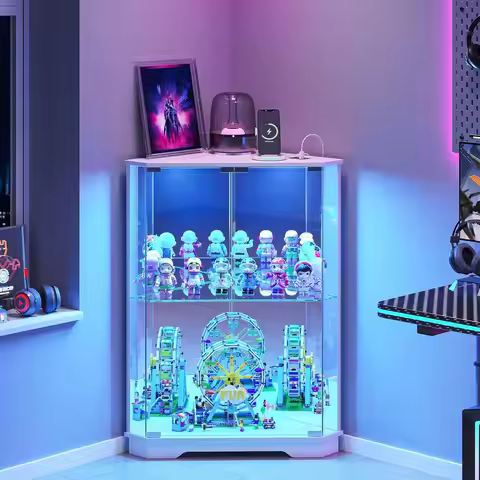 Small 2-Tier Display Cabinet with Glass Do| Curio Showcase with 3-Color LED Lights & Charging Statio
