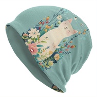 Funky Floral Cat Print Knit Beanie Hat, Polyester & Elastane Blend, Stretchable, Unisex Cap Style Bo
