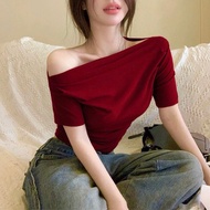 Enterty women's batwing off-the-shoulder crop top, sexy short-sleeved crt shirt with cotton black wh