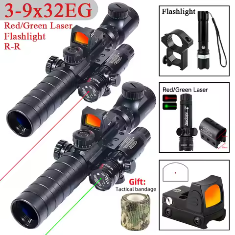 Tactical Optical 3-9X32EG Scopes Red/Green Two Color Crosshair Riflescope Red Dot Laser and Flashlig