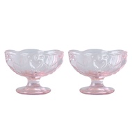 In Stock 2pcs Embossed Glass Dessert Cup Ice Cream Glass Cup Salad Bowl Goblet Shaped Pudding Milkshake Cup for Summer Party (Pink)