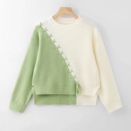 Ladies Sweater Color-Blocking Round Neck Western Style Long-Sleeved Knitwear Loose Short Outer Top B