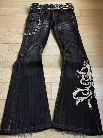 Y2K Harajuku Street Punk Heavyweight Embroidered Flared Jeans Visual Style Washed Denim High Waist Z