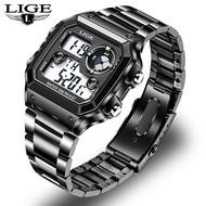 LIGE Terbaru Digital Jam Tangan Pria Original Besi tahan karat Anti Air Kalender Sports Jam Tangan