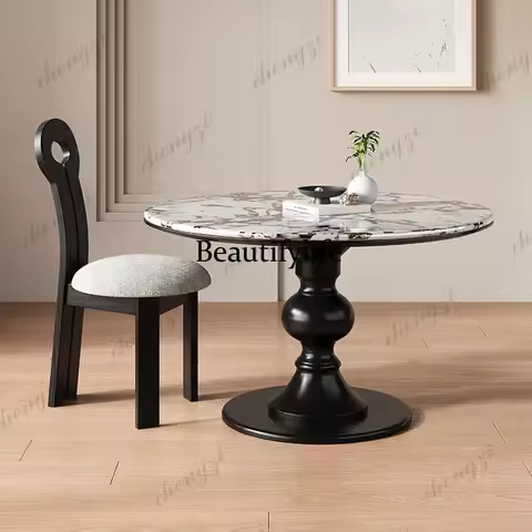 Y136 French Vintage Design Luxury Black Dining Table 6 Persons Unique Faux Marble Round Dining Table