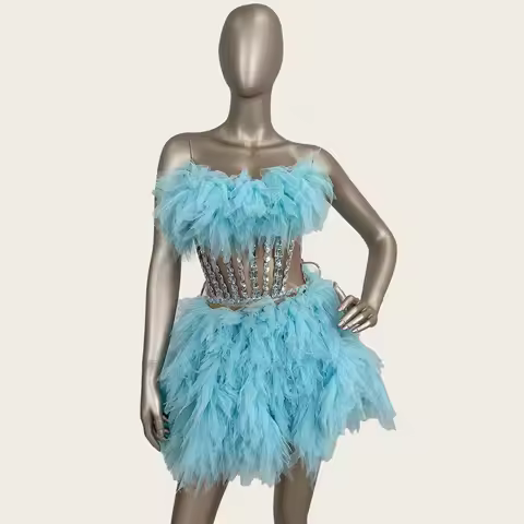 Baozha Women Strapless Tops Mini Skirt 2Pieces Set Sparkly Rhinestones Gauze Mini Dress Night Party 
